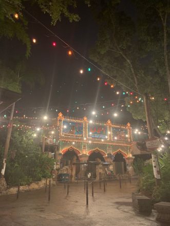 A shot of the Up! attraction at Disney's Animal Kingdom. It is night and there are multi-colored string lights handing above. It is empty of crowds.